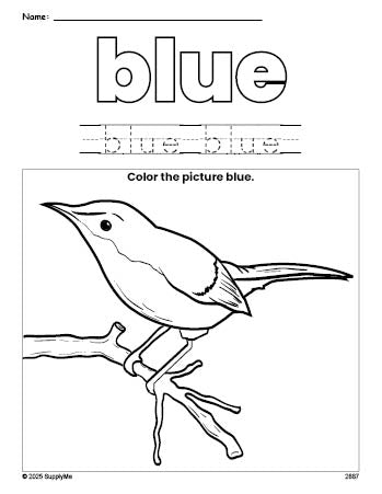 Free bird color blue coloring page and color worksheet, blue worksheet for preschoolers to learn colors, printable PDF