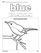 Free bird color blue coloring page and color worksheet, blue worksheet for preschoolers to learn colors, printable PDF