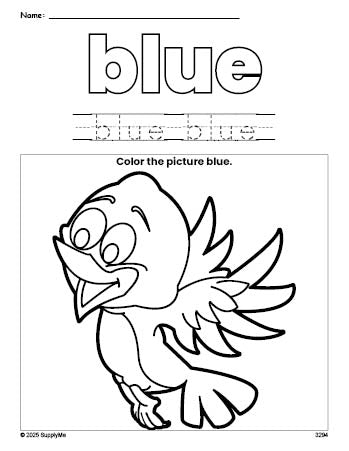 Free bird color blue coloring page and color worksheet, blue worksheet for preschoolers to learn colors, printable PDF