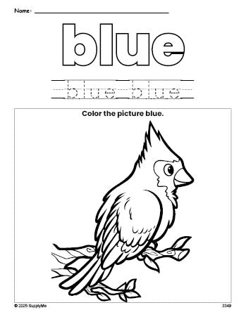 Free bird color blue coloring page and color worksheet, blue worksheet for preschoolers to learn colors, printable PDF