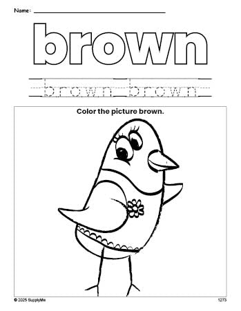 Free bird color brown coloring page and color worksheet, brown worksheet for preschoolers to learn colors, printable PDF