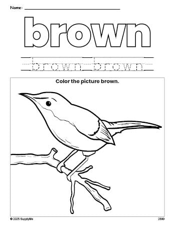 Free bird color brown coloring page and color worksheet, brown worksheet for preschoolers to learn colors, printable PDF