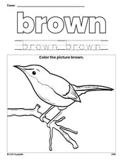 Free bird color brown coloring page and color worksheet, brown worksheet for preschoolers to learn colors, printable PDF