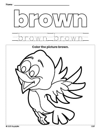 Free bird color brown coloring page and color worksheet, brown worksheet for preschoolers to learn colors, printable PDF