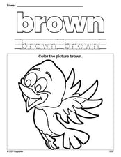 Free bird color brown coloring page and color worksheet, brown worksheet for preschoolers to learn colors, printable PDF