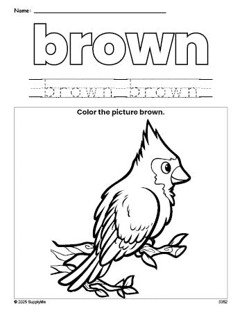 Free bird color brown coloring page and color worksheet, brown worksheet for preschoolers to learn colors, printable PDF