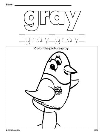 Free bird color gray coloring page and color worksheet, gray worksheet for preschoolers to learn colors, printable PDF