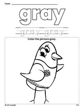 Free bird color gray coloring page and color worksheet, gray worksheet for preschoolers to learn colors, printable PDF