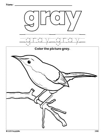 Free bird color gray coloring page and color worksheet, gray worksheet for preschoolers to learn colors, printable PDF