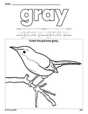 Free bird color gray coloring page and color worksheet, gray worksheet for preschoolers to learn colors, printable PDF