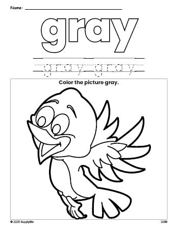 Free bird color gray coloring page and color worksheet, gray worksheet for preschoolers to learn colors, printable PDF