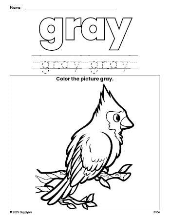 Free bird color gray coloring page and color worksheet, gray worksheet for preschoolers to learn colors, printable PDF