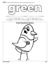 Free bird color green coloring page and color worksheet, green worksheet for preschoolers to learn colors, printable PDF