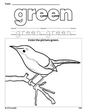 Free bird color green coloring page and color worksheet, green worksheet for preschoolers to learn colors, printable PDF