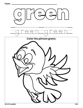 Free bird color green coloring page and color worksheet, green worksheet for preschoolers to learn colors, printable PDF