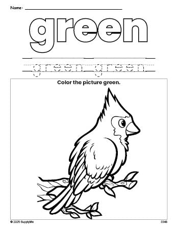 Free bird color green coloring page and color worksheet, green worksheet for preschoolers to learn colors, printable PDF