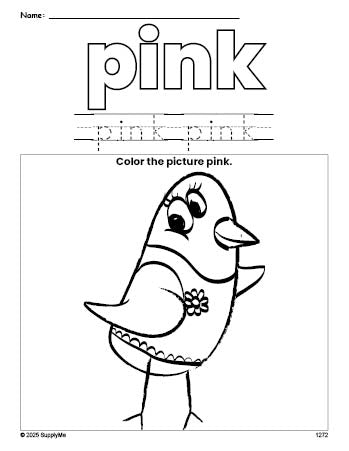 Free bird color pink coloring page and color worksheet, pink worksheet for preschoolers to learn colors, printable PDF