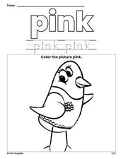 Free bird color pink coloring page and color worksheet, pink worksheet for preschoolers to learn colors, printable PDF