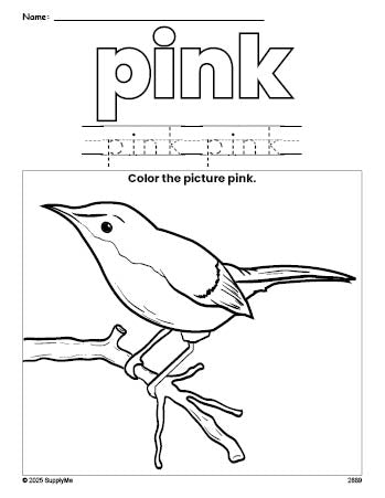 Free bird color pink coloring page and color worksheet, pink worksheet for preschoolers to learn colors, printable PDF