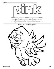 Free bird color pink coloring page and color worksheet, pink worksheet for preschoolers to learn colors, printable PDF