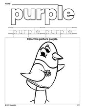 Free bird color purple coloring page and color worksheet, purple worksheet for preschoolers to learn colors, printable PDF