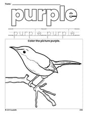 Free bird color purple coloring page and color worksheet, purple worksheet for preschoolers to learn colors, printable PDF