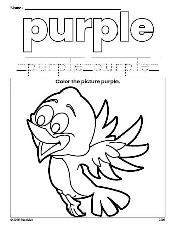 Free bird color purple coloring page and color worksheet, purple worksheet for preschoolers to learn colors, printable PDF