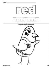 Free bird color red coloring page and color worksheet, red worksheet for preschoolers to learn colors, printable PDF