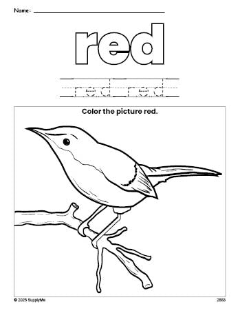 Free bird color red coloring page and color worksheet, red worksheet for preschoolers to learn colors, printable PDF