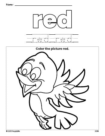 Free bird color red coloring page and color worksheet, red worksheet for preschoolers to learn colors, printable PDF