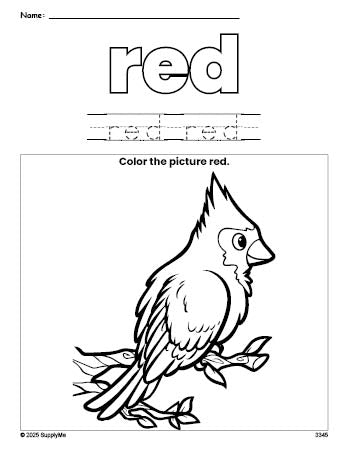 Free bird color red coloring page and color worksheet, red worksheet for preschoolers to learn colors, printable PDF