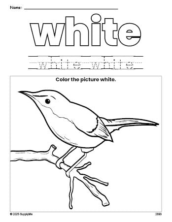 Free bird color white coloring page and color worksheet, white worksheet for preschoolers to learn colors, printable PDF