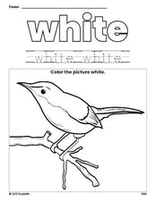 Free bird color white coloring page and color worksheet, white worksheet for preschoolers to learn colors, printable PDF