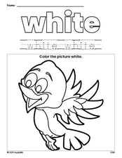 Free bird color white coloring page and color worksheet, white worksheet for preschoolers to learn colors, printable PDF