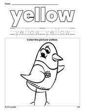 Free bird color yellow coloring page and color worksheet, yellow worksheet for preschoolers to learn colors, printable PDF