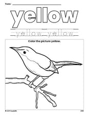 Free bird color yellow coloring page and color worksheet, yellow worksheet for preschoolers to learn colors, printable PDF