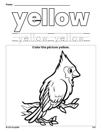 Free bird color yellow coloring page and color worksheet, yellow worksheet for preschoolers to learn colors, printable PDF