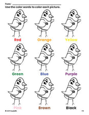 Free bird coloring page and color worksheet for preschoolers to learn colors, printable PDF