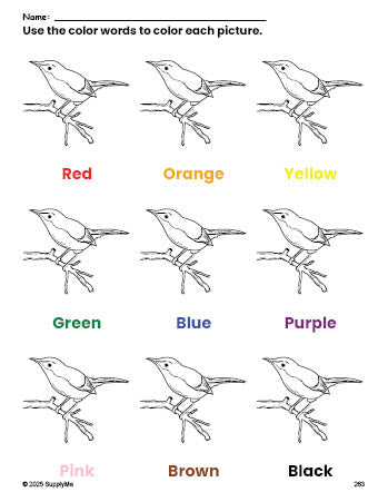 Free bird coloring page and color worksheet for preschoolers to learn colors, printable PDF