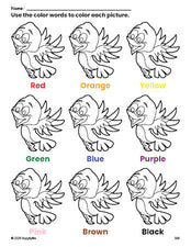 Free bird coloring page and color worksheet for preschoolers to learn colors, printable PDF