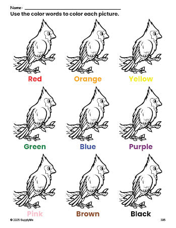 Free bird coloring page and color worksheet for preschoolers to learn colors, printable PDF