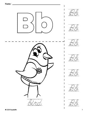 Free printable bird coloring page and cursive letter tracing worksheet, letter b worksheet for preschool, pre-k, and kindergarten, PDF