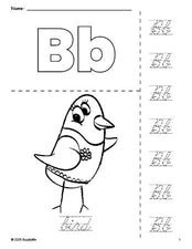 Free printable bird coloring page and cursive letter tracing worksheet, letter b worksheet for preschool, pre-k, and kindergarten, PDF