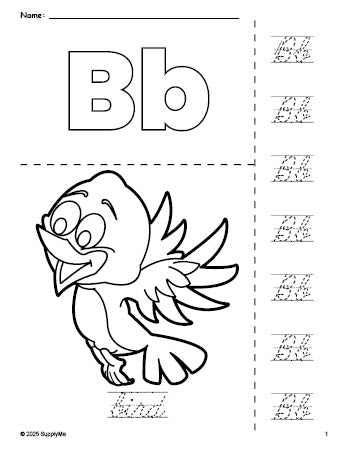 Free printable bird coloring page and cursive letter tracing worksheet, letter b worksheet for preschool, pre-k, and kindergarten, PDF