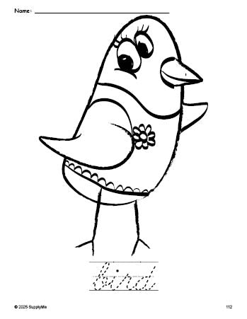 Free printable bird coloring page and cursive word tracing worksheet, perfect for preschool, pre-k, and kindergarten, PDF