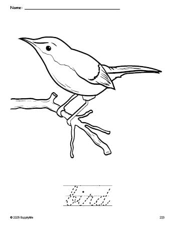 Free printable bird coloring page and cursive word tracing worksheet, perfect for preschool, pre-k, and kindergarten, PDF