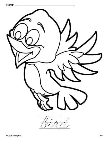 Free printable bird coloring page and cursive word tracing worksheet, perfect for preschool, pre-k, and kindergarten, PDF