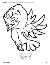 Free printable bird coloring page and cursive word tracing worksheet, perfect for preschool, pre-k, and kindergarten, PDF