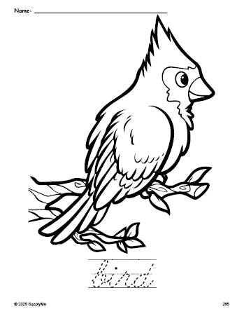 Free printable bird coloring page and cursive word tracing worksheet, perfect for preschool, pre-k, and kindergarten, PDF