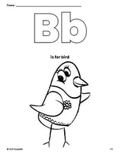 Free printable bird coloring page, letter b coloring page for preschool, pre-k, and kindergarten, PDF